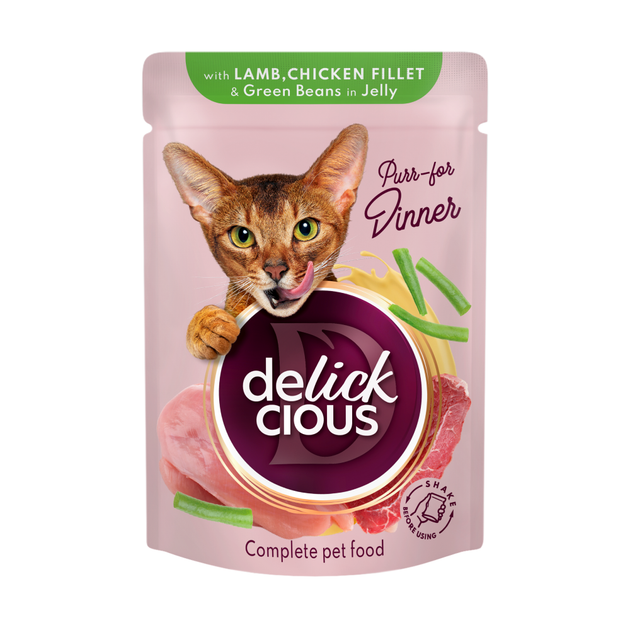 Влажный корм для кошек Delickcious Кусочки с ягнятиной, куриным филе и фасолью в желе 0,08кг - Фото 1 Влажный корм для кошек Delickcious Кусочки с ягнятиной, куриным филе и фасолью в желе 0,08кг - изображение 1