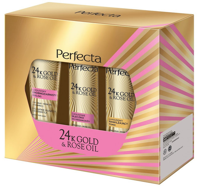 Набір для догляду за обличчям Perfecta 24K Gold and Rose Oil Пілінг дрібнозернистий 75 г + Зволожувальний тонік 200 мл + Молочко для зняття макіяжу 200 мл (5900525092465) - зображення 1