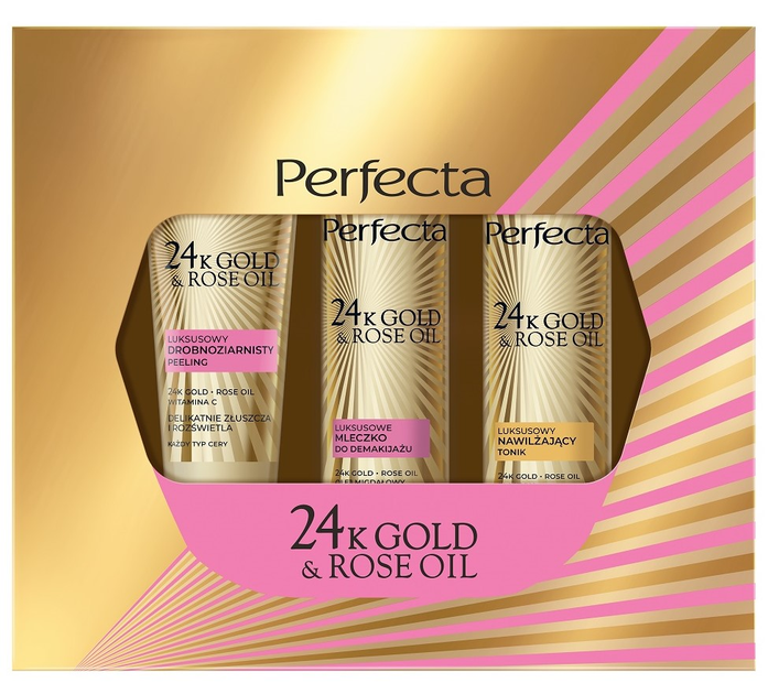 Набір для догляду за обличчям Perfecta 24K Gold and Rose Oil Пілінг дрібнозернистий 75 г + Зволожувальний тонік 200 мл + Молочко для зняття макіяжу 200 мл (5900525092465) - зображення 2