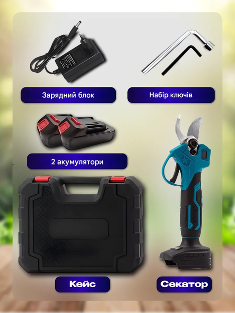 Аккумуляторный секатор в кейсе мощный сучкорез веткорез, садовый инструмент - изображение 4