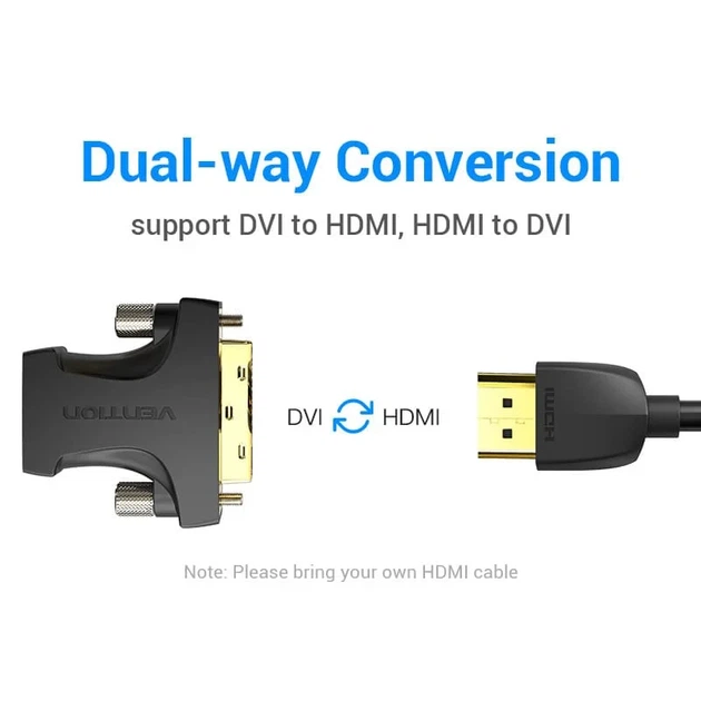 Перехідник конвертер DVI на HDMI converter Vention Bi-directional Adapter (HDMI 1.4, Full HD 60Hz). Black - зображення 3