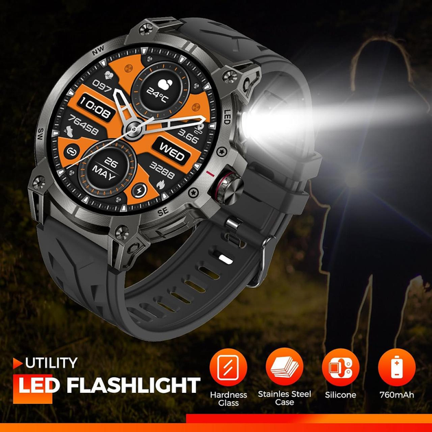 Смарт-часы для мужчин KC89 1.85” с LED-фонариком, военный тактический HD-дисплей, звонки iOS Android - изображение 2