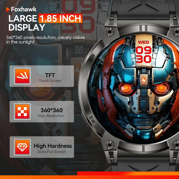 Смарт-часы для мужчин KC89 1.85” с LED-фонариком, военный тактический HD-дисплей, звонки iOS Android - изображение 4