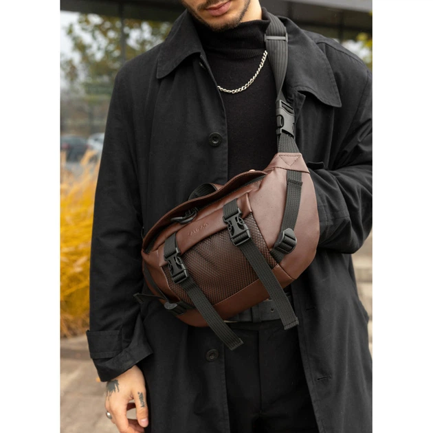 Велика чоловіча поясна сумка бананка Sambag DynamicDart коричнева - Фото 2 Велика чоловіча поясна сумка бананка Sambag DynamicDart коричнева - изображение 2