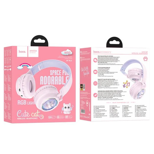 Бездротові навушники HOCO W50 Cute fun BT headphones, BT5.3, AUX, TF, 400mAh, 12h, pink - зображення 3