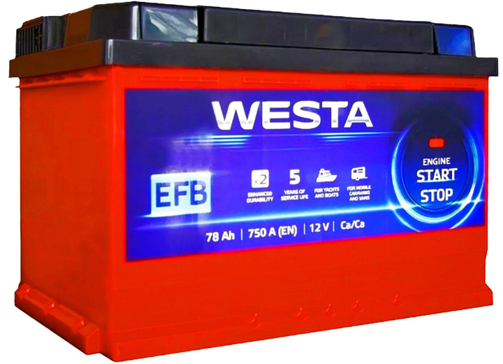 Автомобильный аккумулятор WESTA 78 Ah / 750 A EFB Start-Stop R Правый плюс (276x175x190) WEFB780 - изображение 1
