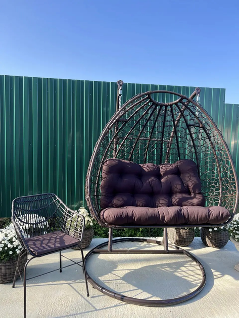 Подвесное кресло-кокон из техноротанга "Double-Garden" Brown Коричневый, двухместные качели гамак для дачи с подушкой - изображение 2