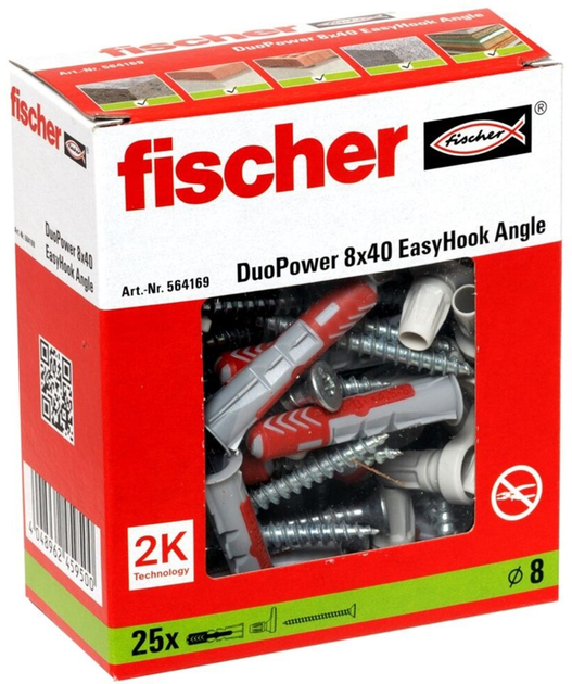 Набір шурупів і дюбелів Fischer EasyHook Angle DuoPower 8x40 25 шт. (564169) - зображення 1