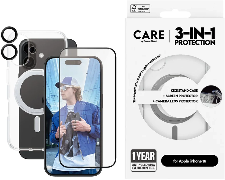Zestaw panel + szkło CARE by PanzerGlass Feature 3-in-1 Ceramic Bundle dla iPhone 16 Transparent (5715685004759) - obraz 4