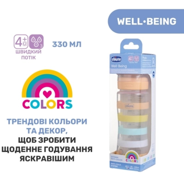 Пляшечка для годування Chicco Well-Being Colors з силіконовою соскою 4м+ 330 мл Помаранчева (28637.31) - зображення 2
