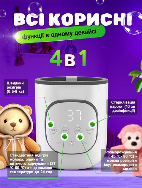 Підігрівач стерилізатор Lionelo для дитячих пляшечок грілка апарат підігріву дитячого харчування дитячої суміші 4 в 1 електричний цифровий з таймером підігрівачі нагрівачі стерилізатори (Baby4-Wh) - зображення 2