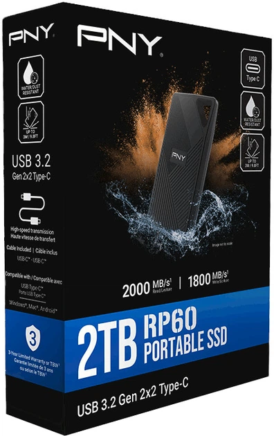 Dysk SSD PNY RP60 USB 3.2 Gen 2x2 Type-C Portable 2TB Black (PSD0CS3060-2TB-RB) - obraz 6