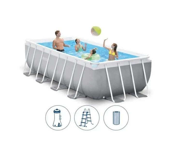 Каркасный прямоугольный бассейн семейный 400 x 200 x 100 см Intex 26788 Prism Frame Pool с лестницей на 6836 л Серый - изображение 3