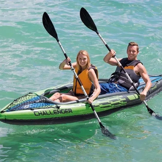 Двухместная надувная лодка-байдарка Challenger K2 Kayak 68306 Intex с веслами и насосом 351 x 76 x 38 см Зеленый - изображение 3