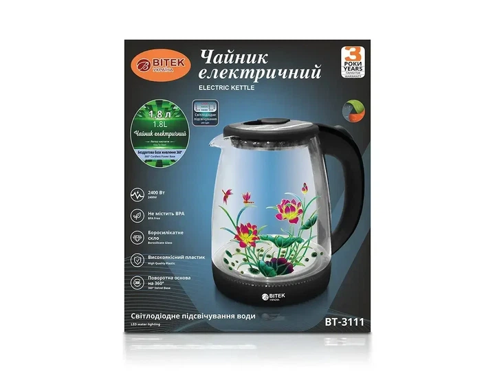 Электрочайник стеклянный с LED-подсветкой 2400 Вт 1,8 л BITEK BT-3111 Pro Черный - изображение 3