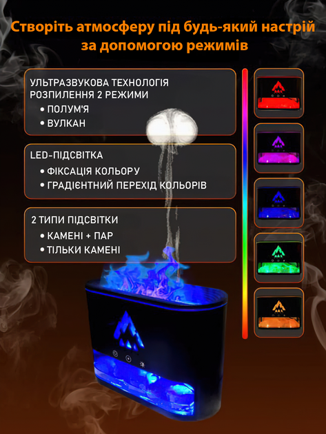 Лампа зволожувач повітря Aroma Diffuser 3в1 ультразвуковий з ефектом полум'я з вбудованим камінням та резервуаром для ефірної олії - Фото 2 Лампа зволожувач повітря Aroma Diffuser 3в1 ультразвуковий з ефектом полум'я з вбудованим камінням та резервуаром для ефірної олії - зображення 2