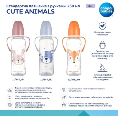 Пляшечка для годування Canpol babies CUTE ANIMALS стандартна з ручками 250 мл рожева (11/845_pin) - зображення 4