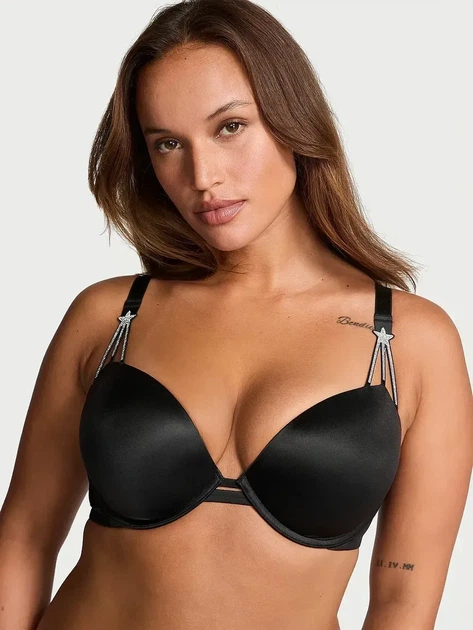 Комплект білизни (ліф+трусики стрінги) зі стразами Victoria's Secret (2133866495142) 80D/M чорний - Фото 2 Комплект білизни (ліф+трусики стрінги) зі стразами Victoria's Secret (2133866495142) 80D/M чорний - зображення 2