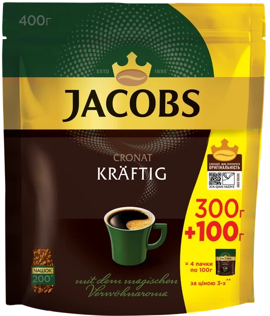 Кофе сублимированный Jacobs Cronat Kraftig в мягкой упаковке 400 грамм - Фото 1 Кофе сублимированный Jacobs Cronat Kraftig в мягкой упаковке 400 грамм - изображение 1