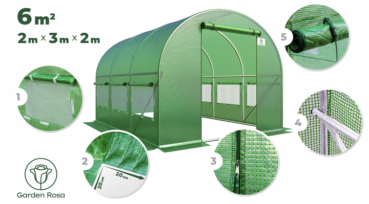 Парник-теплица Garden Rosa 6м² 300х200х200 см зеленая с рулонными дверями и окнами на липучках из Польши - изображение 11