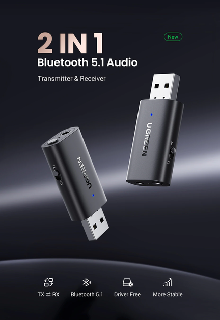 Приемник Bluetooth 5.1 UGREEN CM523 AUX 3.5 mm 2in1 Black (60300) - Фото 4 Приемник Bluetooth 5.1 UGREEN CM523 AUX 3.5 mm 2in1 Black (60300) - изображение 4