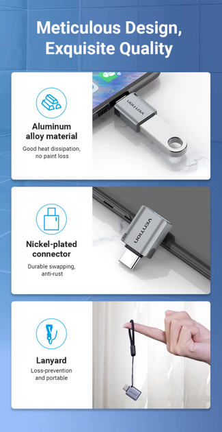 Перехідник OTG Vention USB-C Male to USB 3.0 Female Adapter Gray Aluminum Alloy Type (CDQH0) - зображення 7