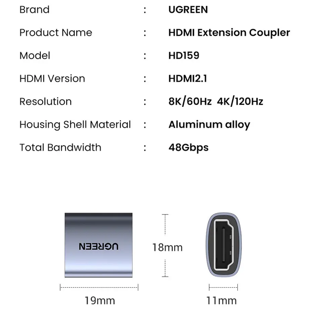 Соеденитель HDMI 2.1 Ugreen HD159 F/F UltraHD 8K@60Hz, 4K@120Hz Grey (90592) - изображение 9