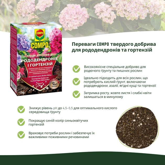 Твердое удобрение COMPO для рододендронов и гортензий 1 кг (4008398117955-1795) - изображение 5