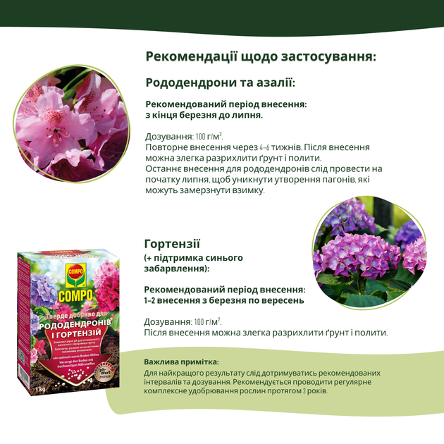 Твердое удобрение COMPO для рододендронов и гортензий 1 кг (4008398117955-1795) - изображение 6
