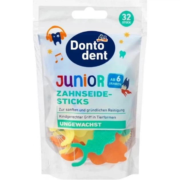 Зубні палички- нитки дитячі Dontodent Junior 6+ 32 шт - Фото 1 Зубні палички- нитки дитячі Dontodent Junior 6+ 32 шт - зображення 1