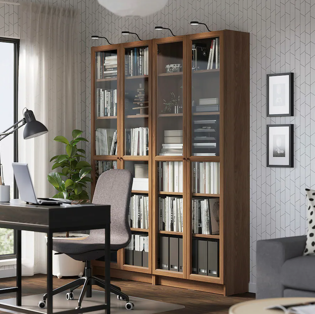 Книжный шкаф со стеклянными дверями BILLY/OXBERG 160x30x202 см IKEA 394.835.30 орех - изображение 2