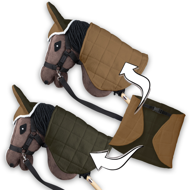 Аксесуари для коней Hobby Horse Skippi Двостороння попона та навушники Бежевий та оливковий (5906361451220) - зображення 4