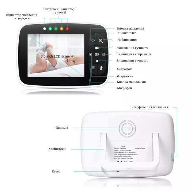 Беспроводная видеоняня Baby Monitor SM-35 с большим 3.5 дюймовым монитором для родителей - изображение 5