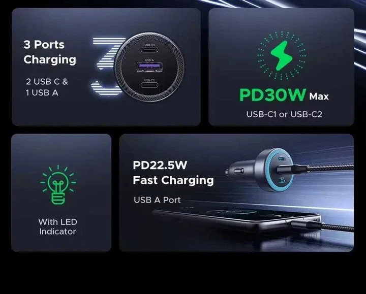 Зарядний пристрій UGREEN EC307, W30, PD, QC, USB-C, Fast Charger, автомобільний, від прикурювача - Фото 2 Зарядний пристрій UGREEN EC307, W30, PD, QC, USB-C, Fast Charger, автомобільний, від прикурювача - зображення 2