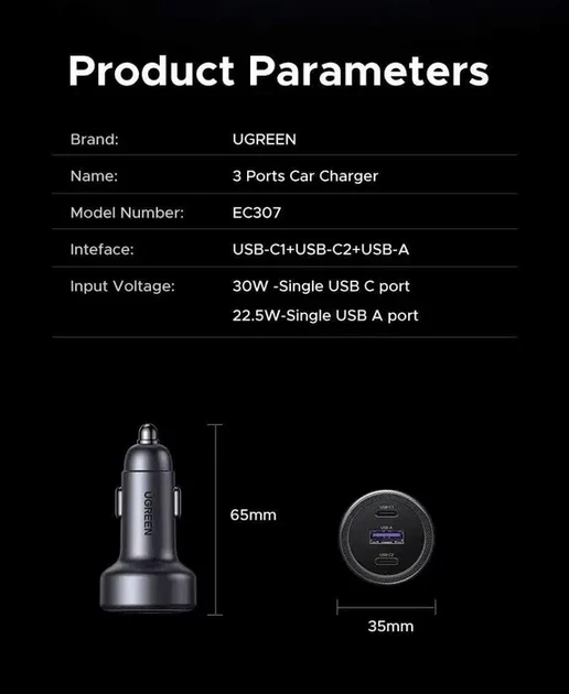 Зарядний пристрій UGREEN EC307, W30, PD, QC, USB-C, Fast Charger, автомобільний, від прикурювача - Фото 5 Зарядний пристрій UGREEN EC307, W30, PD, QC, USB-C, Fast Charger, автомобільний, від прикурювача - зображення 5