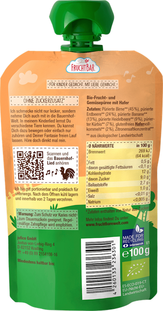 Фруктове пюре (пауч)з грушею, полуницею,бананом,чорницею,гарбузом та вівсянкою,для дітей з 6 місяців, 100 грам - Фото 2 Фруктове пюре (пауч)з грушею, полуницею,бананом,чорницею,гарбузом та вівсянкою,для дітей з 6 місяців, 100 грам - изображение 2
