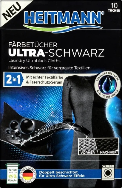 Серветки проти передачі та відновлення чорного кольору та тканини Heitmann Ultra Schwarz 2in1 Farb- & Schmutzfangtücher, 10шт/уп - Фото 2 Серветки проти передачі та відновлення чорного кольору та тканини Heitmann Ultra Schwarz 2in1 Farb- & Schmutzfangtücher, 10шт/уп - зображення 2
