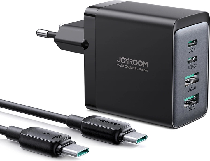 Мережевий зарядний пристрій JOYROOM TCG02 2 x USB-C 2 x USB-A 67 W + кабель USB C – USB C 1.2 м Black (6956116742492) - зображення 8