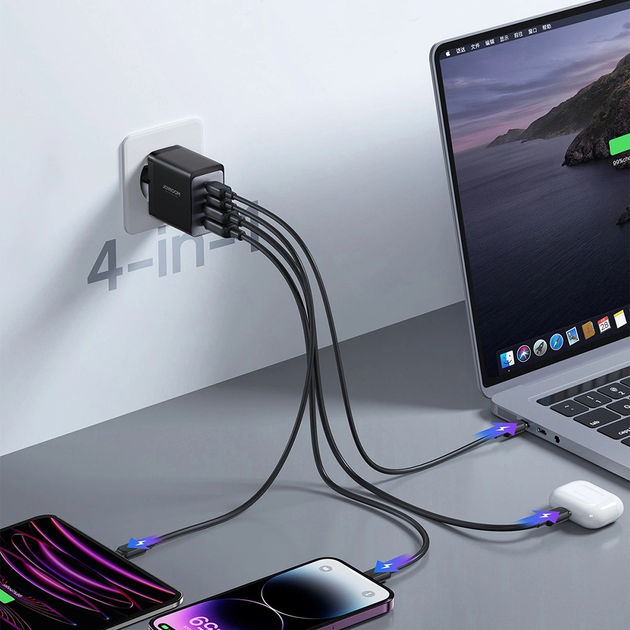Мережевий зарядний пристрій JOYROOM TCG02 2 x USB-C 2 x USB-A 67 W + кабель USB C – USB C 1.2 м Black (6956116742492) - зображення 11