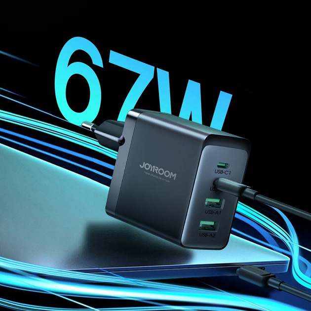 Мережевий зарядний пристрій JOYROOM TCG02 2 x USB-C 2 x USB-A 67 W + кабель USB C – USB C 1.2 м Black (6956116742492) - зображення 18