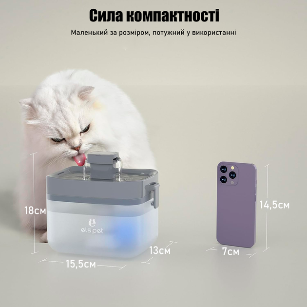 Фонтан-поїлка для котів і собак ELS PET 1.5L з LED підсвіткою та фільтром, Прозорий (146-WHITE) - зображення 7