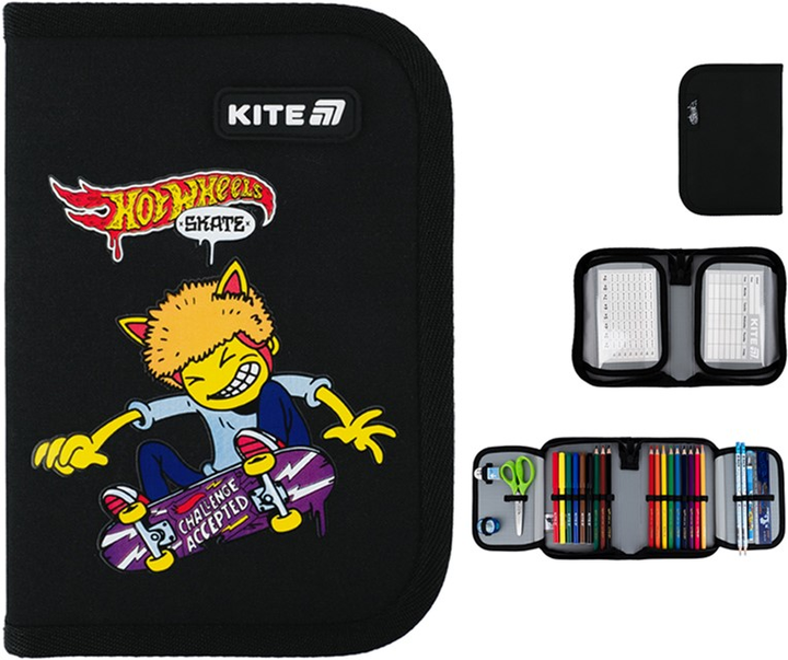 Пенал шкільний з наповненням Kite Hot Wheels Skate 1 відділення 2 відвороти 20.5х14х4 см Чорний (HW25-622H-2) - зображення 2