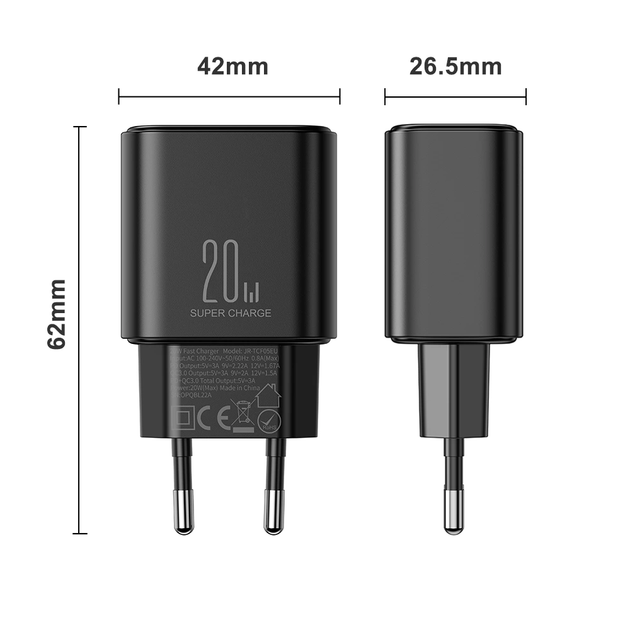 Ładowarka sieciowa JOYROOM JR-TCF05 GaN PD 20 W USB-C + USB-A z kablem USB-C Black (6941237128799) - obraz 9