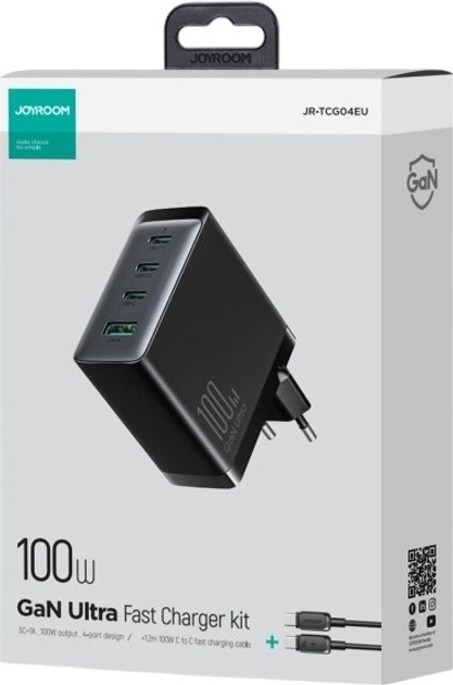 Мережевий зарядний пристрій JOYROOM GaN 100 Вт PD 3 x USB-C + USB-A вилка EU Black (JR-TCG04EU) - зображення 4