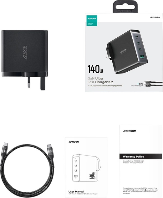 Ładowarka sieciowa JOYROOM GaN 140 W 3 x USB-C + USB-A wtyczka UK Black (JR-TCG05UK) - obraz 15