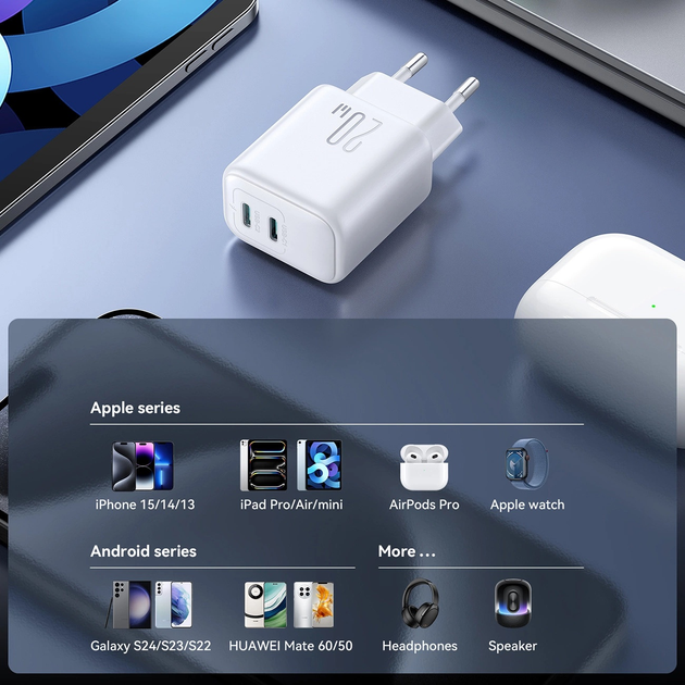 Мережевий зарядний пристрій JOYROOM JR-TCF12 2 x USB-C 20 Вт QC 3.0 White (6956116722869) - зображення 13