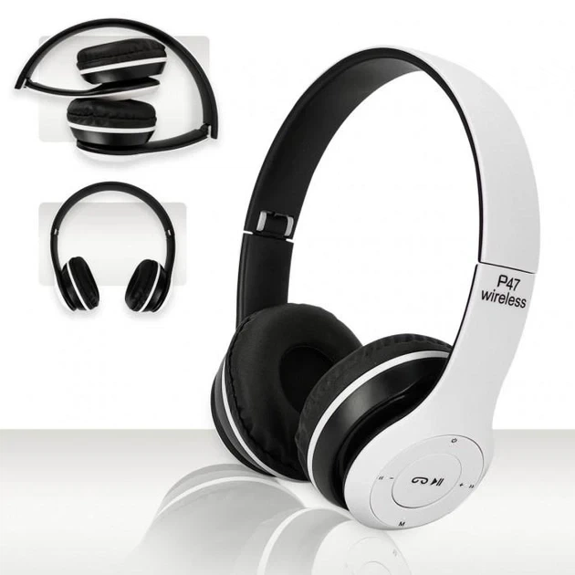 Беспроводные Наушники P-47 Bluetooth + MicroSD + FM Радио чёрные с белым (81901YS887) - Фото 2 Беспроводные Наушники P-47 Bluetooth + MicroSD + FM Радио чёрные с белым (81901YS887) - изображение 2