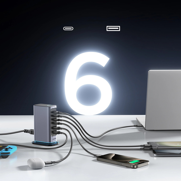 Настільний зарядний пристрій JOYROOM JR-TCM02 GaN 65 Вт EU 4 x USB-C + 2 x USB-A Black-Grey (6956116795528) - зображення 9