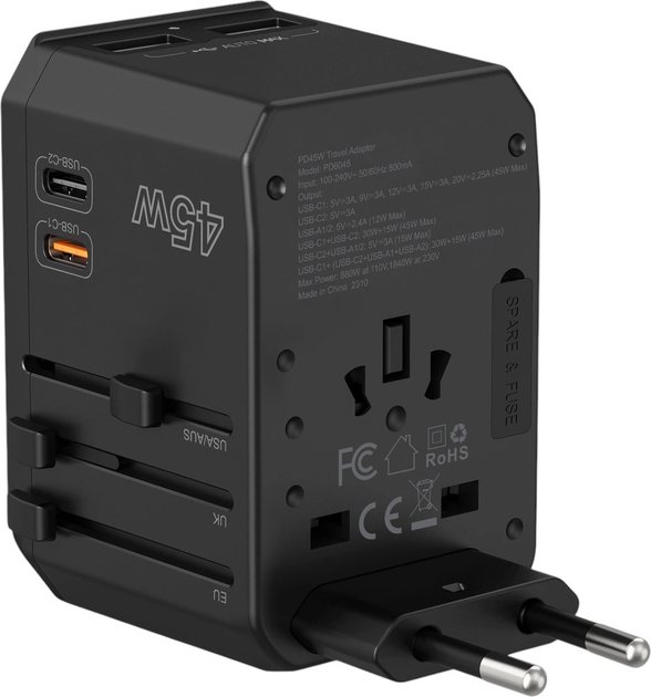 Мережевий зарядний пристрій CHOETECH PD6045 2 x USB-C + 2 x USB-A 45 Вт US/EU/UK/AU Black (6932112106209) - зображення 9
