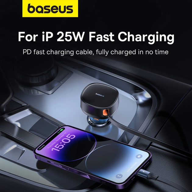 Ładowarka samochodowa Baseus Enjoyment USB-A 60W z wbudowanym podwójnym kablem USB-C/Lightning Black (C00057802111-02)   - obraz 15
